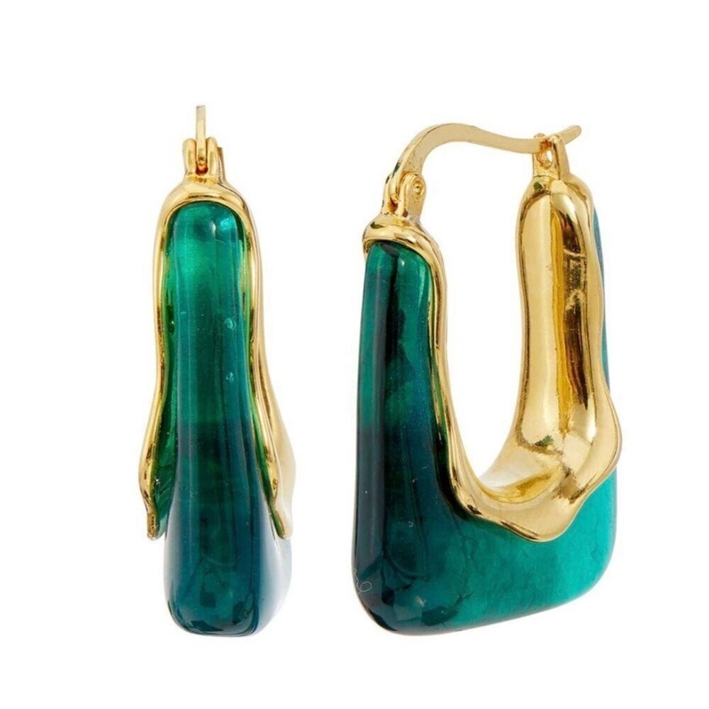 Anthropologie Casa Clara Andy Earrings Jade green stone gold hoop - Picture 5 of 8